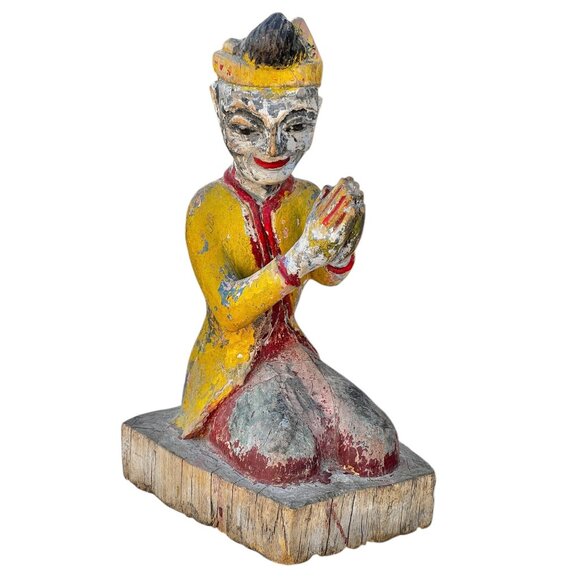 Antique Hand-Carved Wooden Kneeling Monk Statue With Praying Hands - Picture 15 of 16